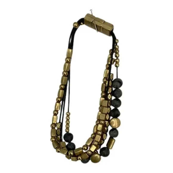 Vintage 4 Strand Layered Beaded Bracelet Black Brushed Gold Tone - Picture 2 of 5